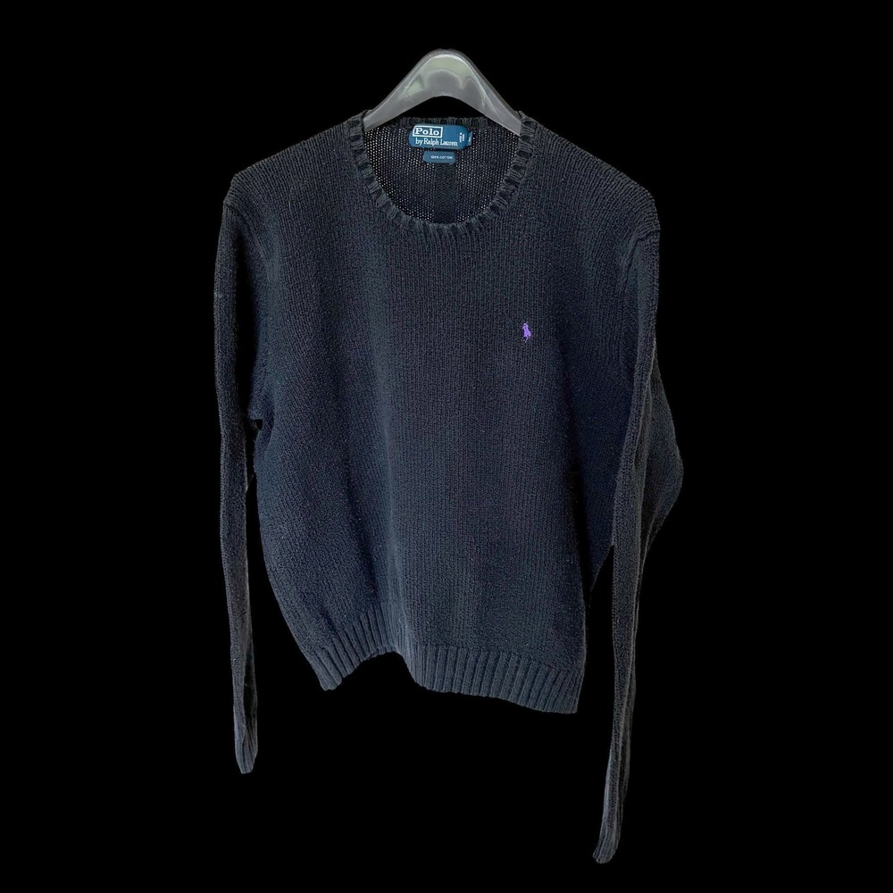 90's Polo Ralph Lauren‎ XL Black Cotton Knit Crewneck Sweater Purple Pony Logo